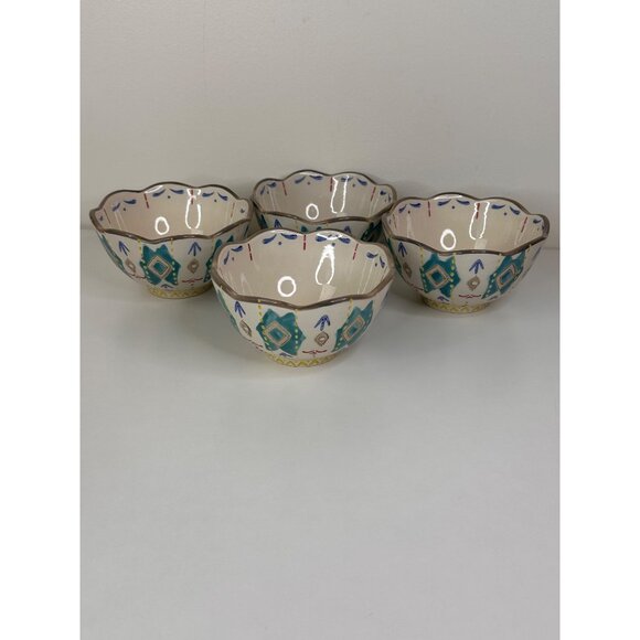 Set Of 4 Hand-Painted Southwest Aztec Boho Ceramic Bowls With Scalloped Edges - Picture 7 of 11